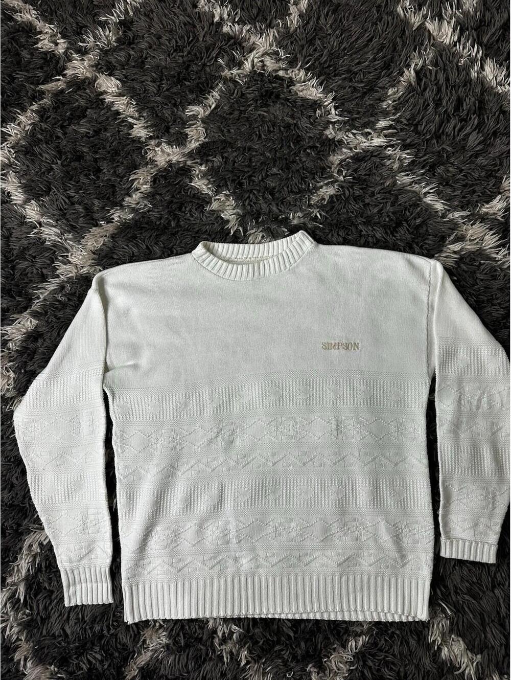 Vintage 90s Simpson Knit Sweater Mens Large White Cotton Textured Made USA 80s